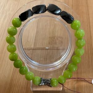 Hand Crafted Beaded Bracelet Gray Green 7” Hematite Gemstone Stretch Gray Lime